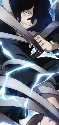 This phone live wallpaper portrays a detailed close-up of a shining sword held by a mysterious, ominous figure