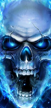 This live phone wallpaper features an intricate blue-flamed skull, inspired by the iconic Ghost Rider character