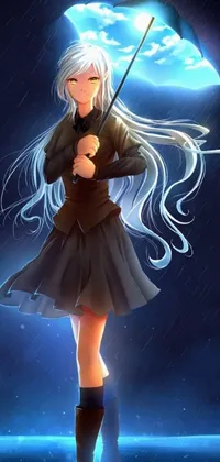 This live phone wallpaper features a beautiful anime drawing of a woman holding an umbrella in the rain