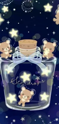 Looking for an enchanting live wallpaper for your phone? Check out this charming digital art design featuring a clear glass bottle filled with colourful teddy bears and sparkling stars