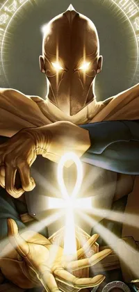 This phone live wallpaper features a mesmerizing depiction of a middle-aged superhero holding a radiant golden light
