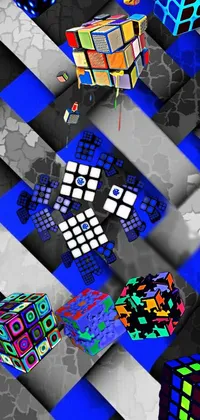This mobile live wallpaper features a bold and captivating blue and black checkered pattern, designed with striking geometric abstract art