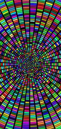 Looking for a stunning live wallpaper for your phone? Look no further than this mesmerizing multicolored circular pattern on a black background, featuring a vibrant mosaic of psychedelic, dark neon-colored universe, with a stained glass background and optical illusion art that presents a hypnotic and trippy visual experience