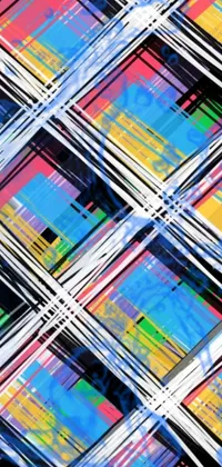 This phone live wallpaper features a bold and captivating colorful plaid pattern with geometric abstract art, diagonal brush strokes, scan lines, and graffiti inspired elements