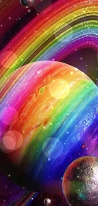 This vibrant live phone wallpaper features a rainbow planet surrounded by two other planets against a cosmic backdrop