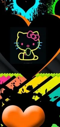 Looking for a fun and vibrant phone live wallpaper? You'll love this design featuring Hello Kitty holding a heart on a neon graffiti background