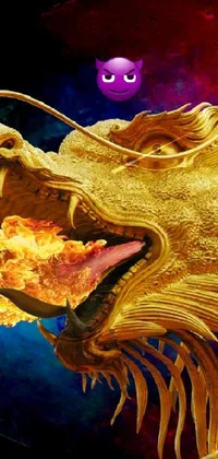This phone wallpaper features a breathtaking golden dragon in a hyper-realistic style with vibrant red and orange flames streaming from its mouth