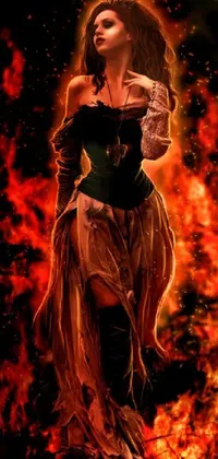 This stunning live phone wallpaper showcases a woman standing in front of a captivating green fire