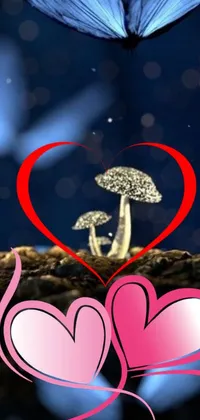 This charming phone live wallpaper features a surrealistic image of two hearts resting on a tree branch