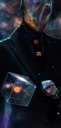 This mesmerizing phone live wallpaper features a stunning digital art piece of a space-suited individual holding a perplexing box while grasping a tiny galaxy, all set against a striking vanishing black chiaroscuro backdrop