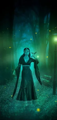 Immerse yourself in the haunting beauty of this digital live wallpaper, featuring a mysterious figure in a black dress standing in an enchanting forest