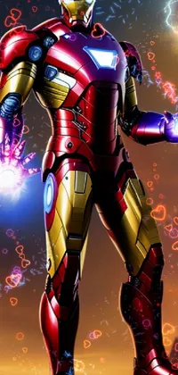 This phone live wallpaper features a colorful city lighting background with a man dressed as Iron Man in a hero pose