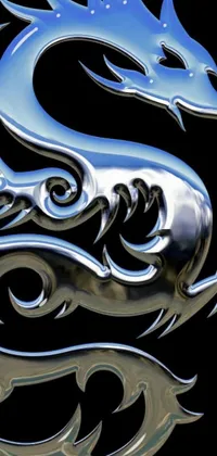 This phone live wallpaper depicts a silver dragon on a black background in 3D graffiti texture and blue metal 3D logo