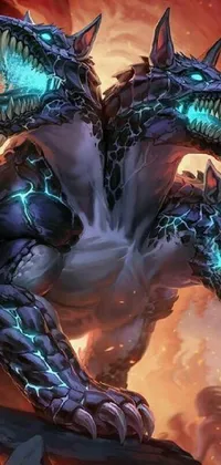 This epic live wallpaper depicts a demonic creature holding a sword in close-up, surrounded by crackling blue lightning