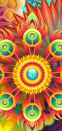 This live phone wallpaper features a colorful flower painting with vector art design and a psychedelic abstract sun backdrop