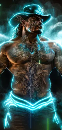 This phone live wallpaper features a muscular cowboy with tattoos showcasing the warrior spirit of the Apache tribe