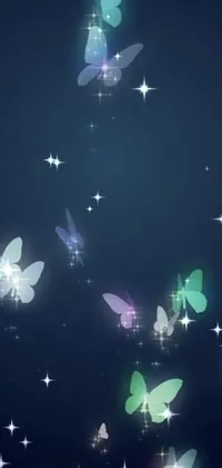 This stunning live wallpaper depicts colorful butterflies soaring through the sky, alongside beautiful sparkling stars in the background