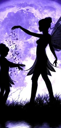 This enchanting live phone wallpaper showcases two mystical fairies in front of a full moon