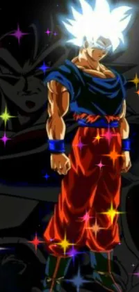 This phone live wallpaper depicts a young Saiyan warrior ready for action in front of a dark background