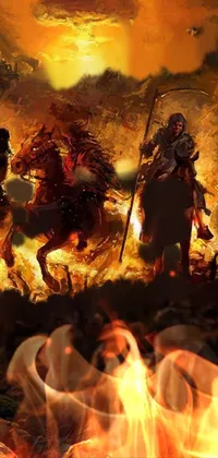This stunning phone live wallpaper depicts a group of people riding on horseback through a burned, slavic city, depicted in vivid digital art by an anonymous artist