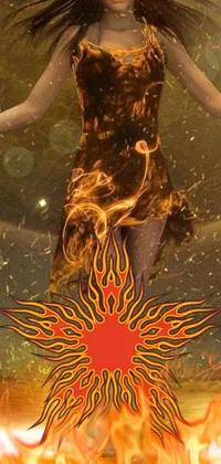 This live phone wallpaper depicts a compelling woman standing before a blazing fire with an eye-catching astral dress