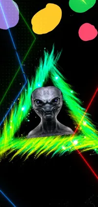 Liven up your phone's background with a flashy, digital alien live wallpaper featuring green-haired extraterrestrial in a stylish black background