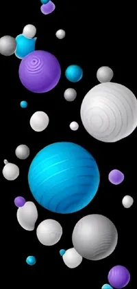 This live phone wallpaper features a striking digital design of floating balls in black, blue, and purple