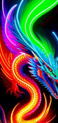 This phone live wallpaper features a stunning digital art of a colorful dragon against a black background