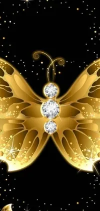 Enhance your phone with a glamorous and luxurious live wallpaper featuring a gold butterfly adorned with sparkling diamonds