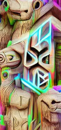 Experience the stunning beauty of this phone live wallpaper with a group of intricately carved wooden figures, set against a cyberpunk-inspired backdrop