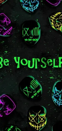 Looking for an edgy live wallpaper to add personality and character to your phone? Look no further than this vibrant design featuring neon masks and the empowering message 'be yourself'