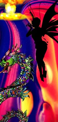 This live wallpaper for your phone showcases a bold scene of a woman and dragon soaring together, set against a stunningly detailed psychedelic backdrop