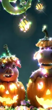 This phone live wallpaper features two friendly pumpkins sitting together under a dark, starry night sky