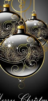 This is a striking live wallpaper for your phone featuring beautiful black and gold Christmas ornaments set against a sophisticated black background