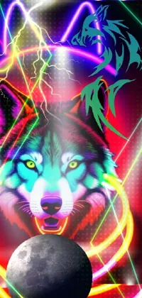 This phone live wallpaper showcases a fierce wolf surrounded by striking neon lights, creating a digital rendering that is both mesmerizing and surreal