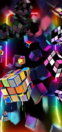 This live phone wallpaper features a stunning neon frame outlined by an array of colorful cubes against a black background