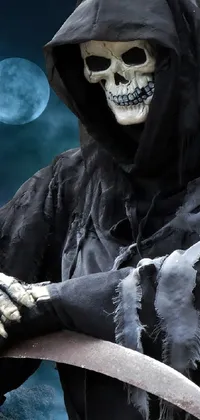 Horror fans, this live wallpaper is perfect for you! The unnerving image depicts a scary skeleton wielding a scythe in front of a full moon, dressed in a dark robe that accentuates its bony silhouette
