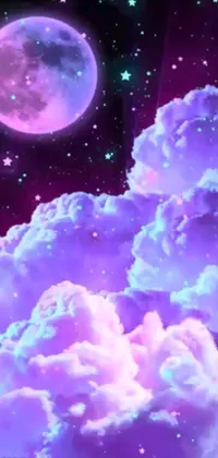 This charming live wallpaper boasts an eye-catching purple sky, filled with twinkling stars and puffy white clouds