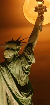 This stunning phone live wallpaper captures a close-up of the Statue of Liberty against a haunting post-apocalyptic New York City backdrop