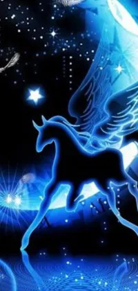 If you're looking for an otherworldly live wallpaper, look no further! This one features a majestic black horse with wings flying through a cosmic blue sky alongside glowing blue angels