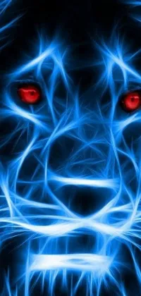 This stunning live wallpaper showcases a close-up of a majestic lion's face with glowing red eyes, surrounded by blue neon lines that bring out its features