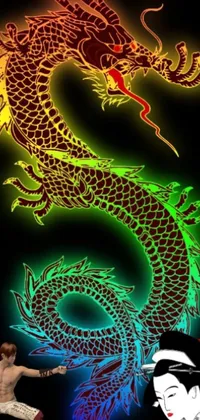 This phone live wallpaper features a captivating digital artwork of a man standing alongside an intricate dragon on a black background by Wen Boren