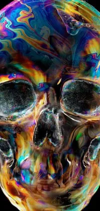 This live wallpaper features a colorful skull on a black background with iridescent glistening smoke