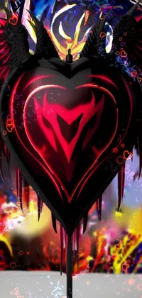 This phone live wallpaper features a striking close-up view of a heart sculpture with devil wings