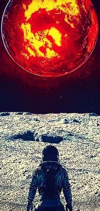 This space-themed live wallpaper depicts an astronaut standing on the Lunar surface with a red planet in the background
