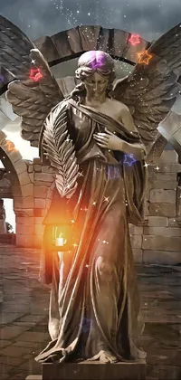 This gothic live wallpaper features a stunning statue of an angel holding a lantern in the midst of post-apocalyptic ancient ruins