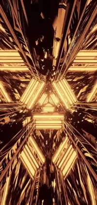 This live wallpaper features a dynamic and engaging yellow light shining through a dark room with intricate triangular designs, mirrored patterns, and glitch art
