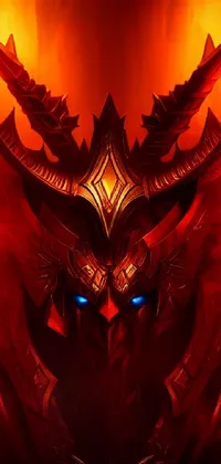 Get ready for a devilishly wonderful phone live wallpaper featuring a demonic mask in red! This concept art depicts the king of hell with two large horns, glowing red eyes and razor-sharp teeth