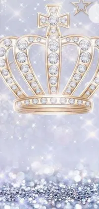 This phone live wallpaper showcases a digital art close-up of a cell phone on a diamond background with a crown and cheerful emojis