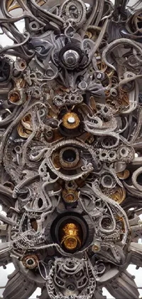This phone live wallpaper features a clock with multiple gears, a surrealist sculpture, and ornate tentacles